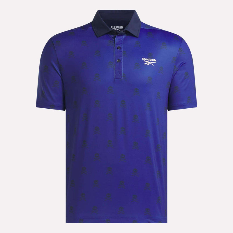 A blue Reebok Men's Crushers Polo Shirt with a collar and buttons, featuring the Reebok logo on the left chest and a subtle patterned design throughout the fabric—perfect for adding classic golf style to your wardrobe.