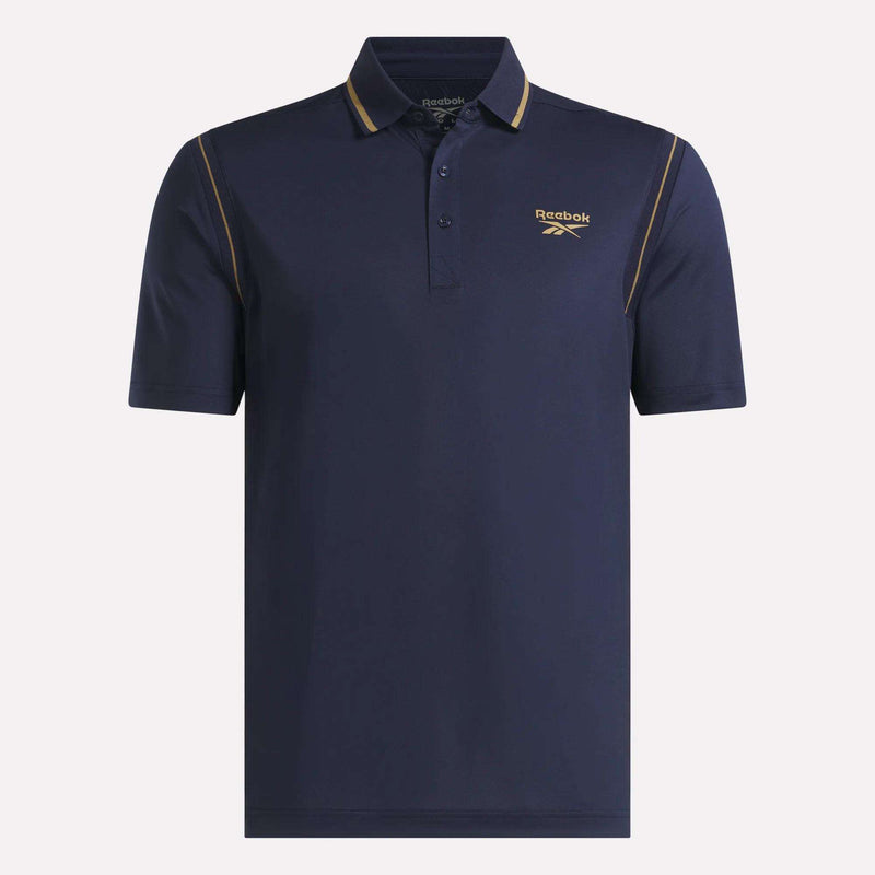 The Men's Varsity Polo Shirt by Reebok is a navy blue golf polo for men, featuring short sleeves, a three-button placket, yellow piping on the shoulders, and a yellow Reebok logo on the left chest; this UPF-rated polo combines style with sun protection for active days.