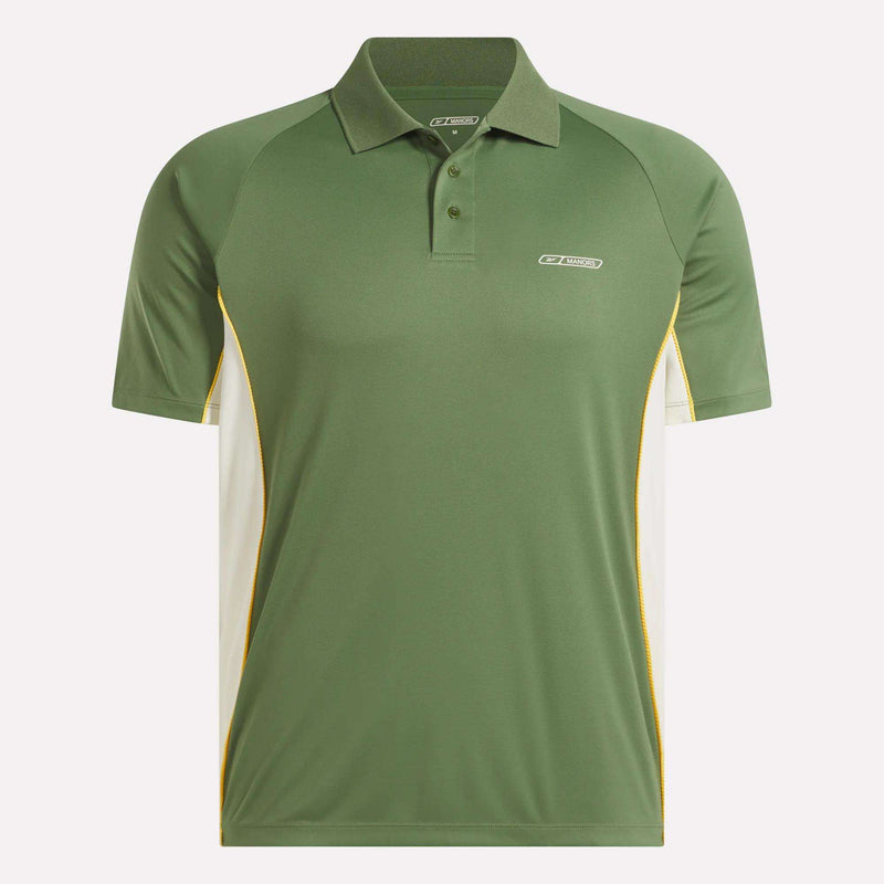Presenting the Reebok x Manors Men’s Polo by Reebok—a green short-sleeve polo shirt with white side panels and yellow trim, complete with a small logo on the left chest, shown against a plain white background.