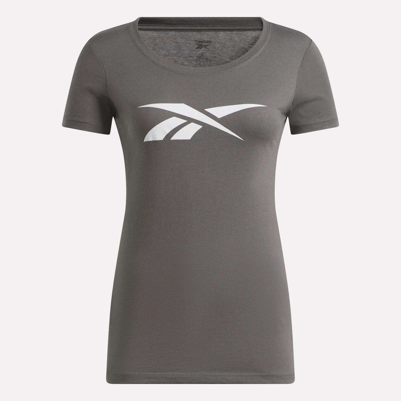 Dark gray Women’s T-Shirt by Reebok featuring short sleeves and a large white logo on the chest.
