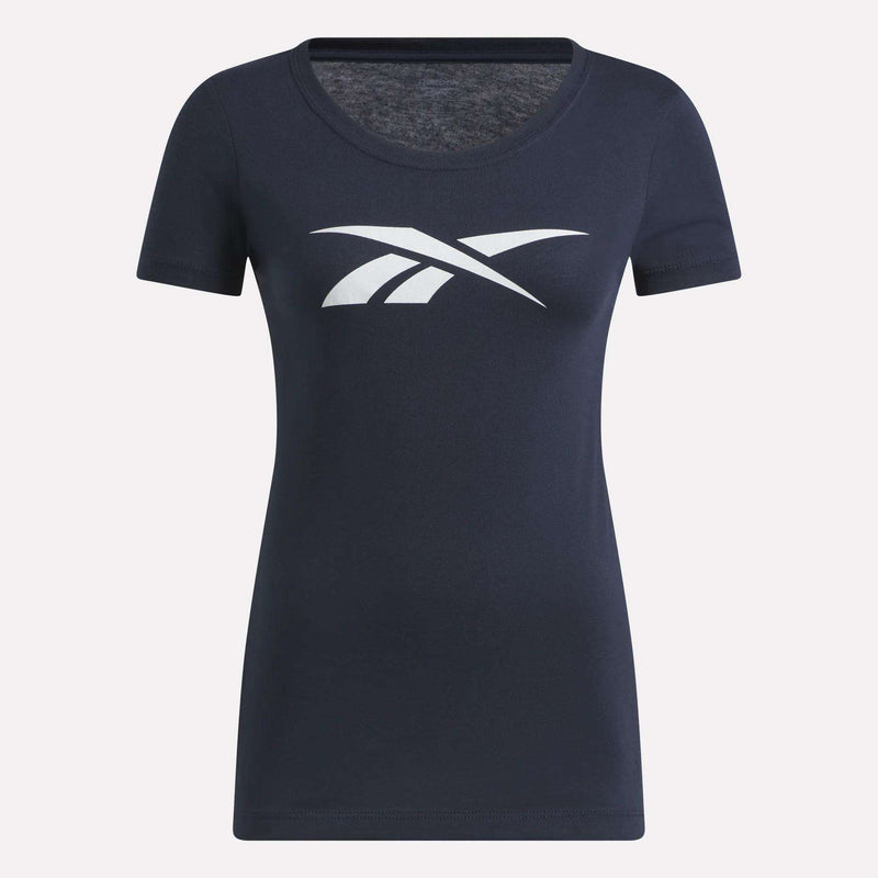 Midnight navy Women’s T-Shirt with a large white Reebok logo centered on the crewneck chest.