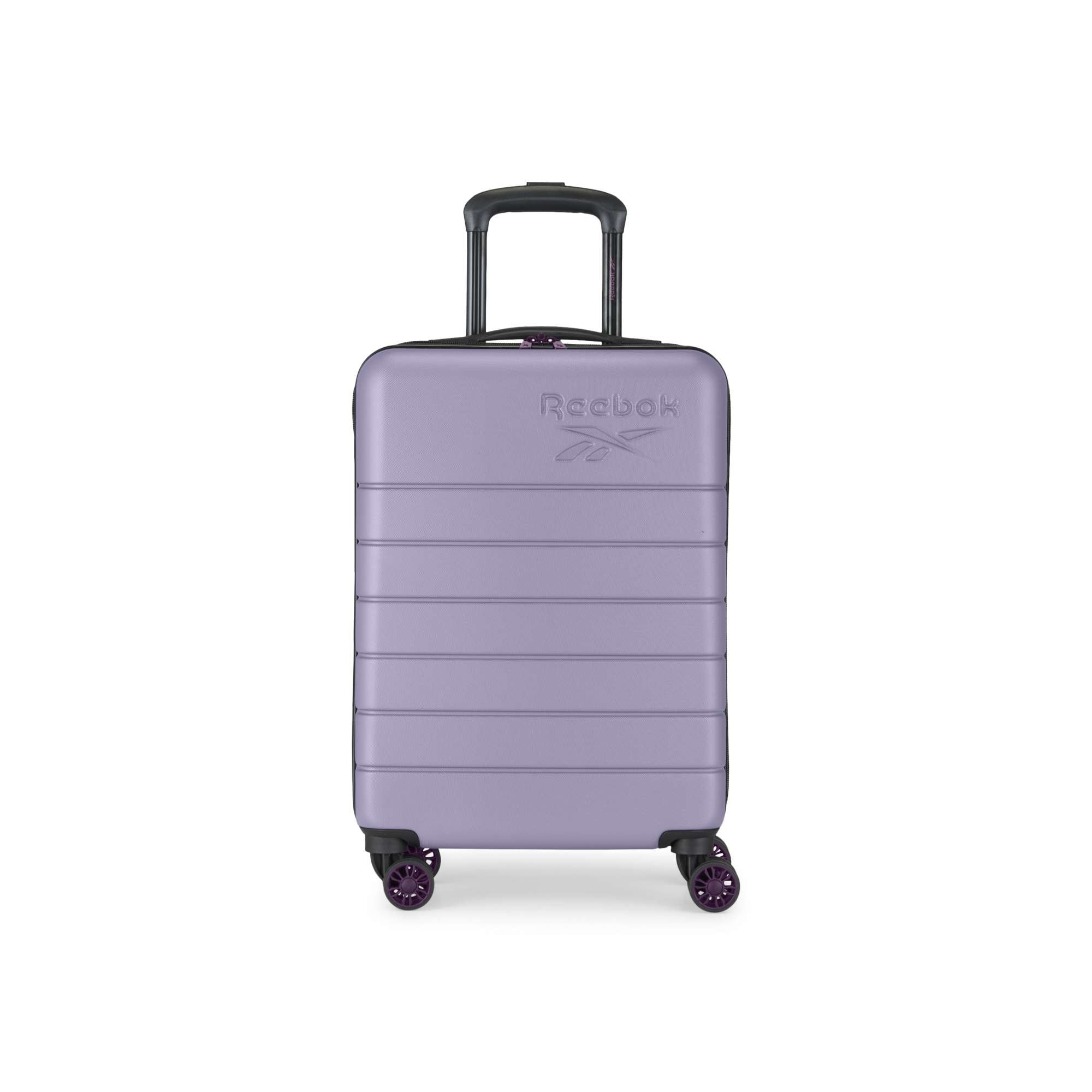 The Reebok Captain 2 Piece Luggage Set features hard-shell, light purple suitcases with spinner wheels and a black telescopic handle—ideal durable luggage for travelers.