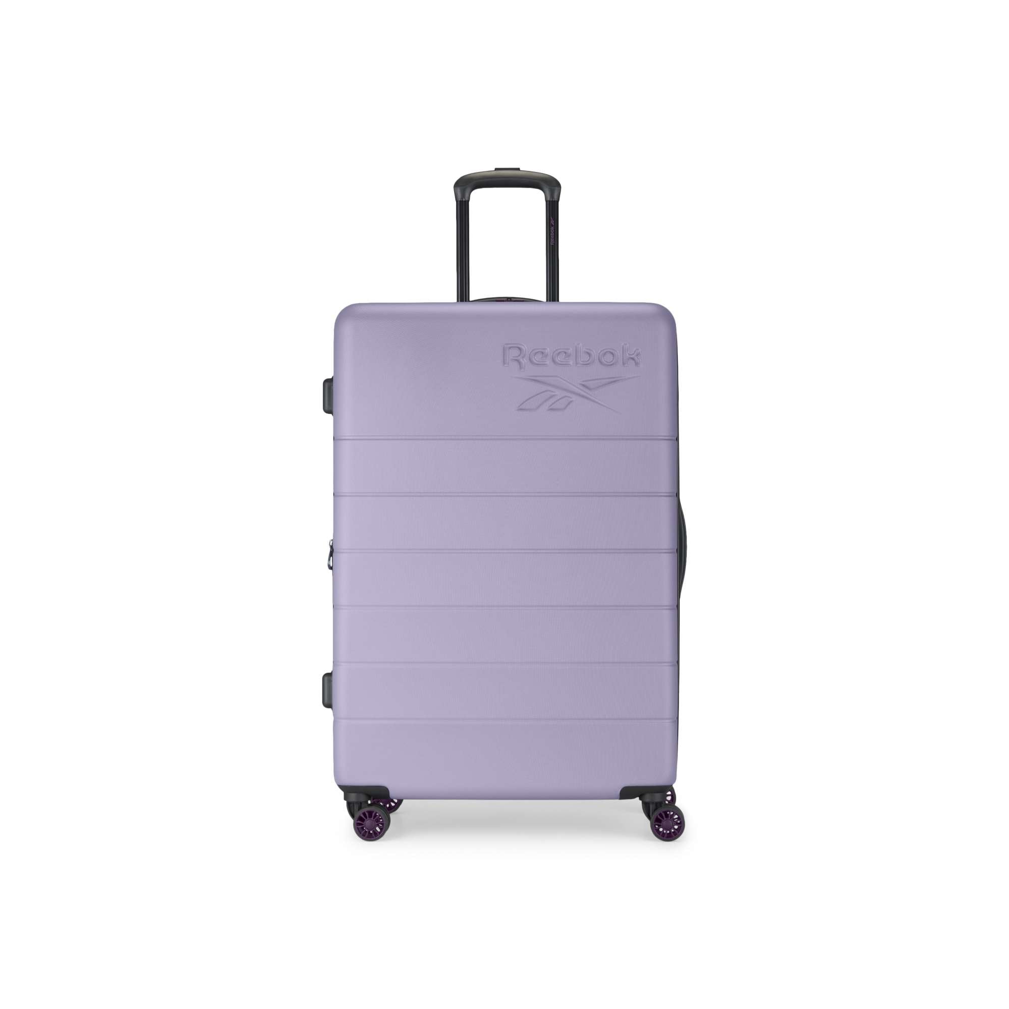 A large, hard-shell light purple suitcase from the Reebok Captain 2 Piece Luggage Set features durable construction, four spinner wheels, a telescopic handle, and horizontal grooves, shown against a plain white background.