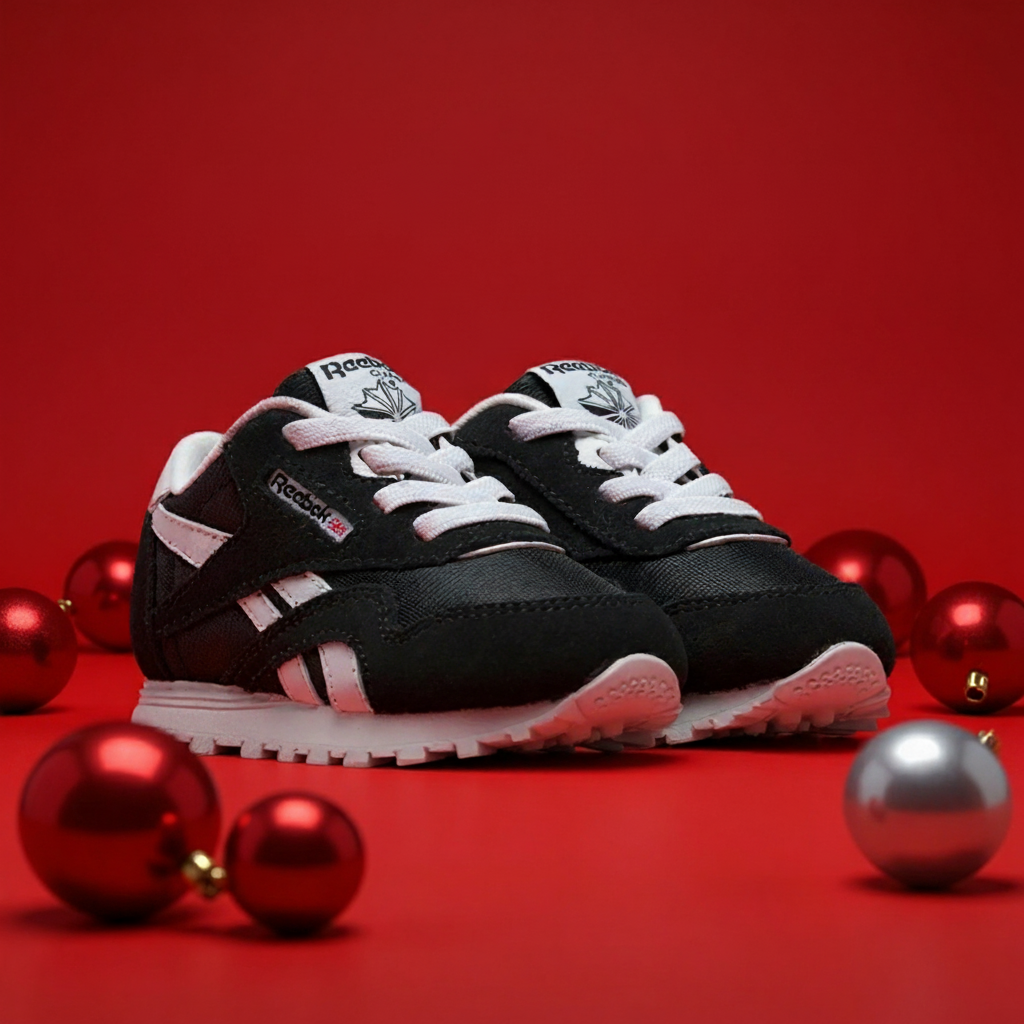 black kid shoes on red background with ornaments 