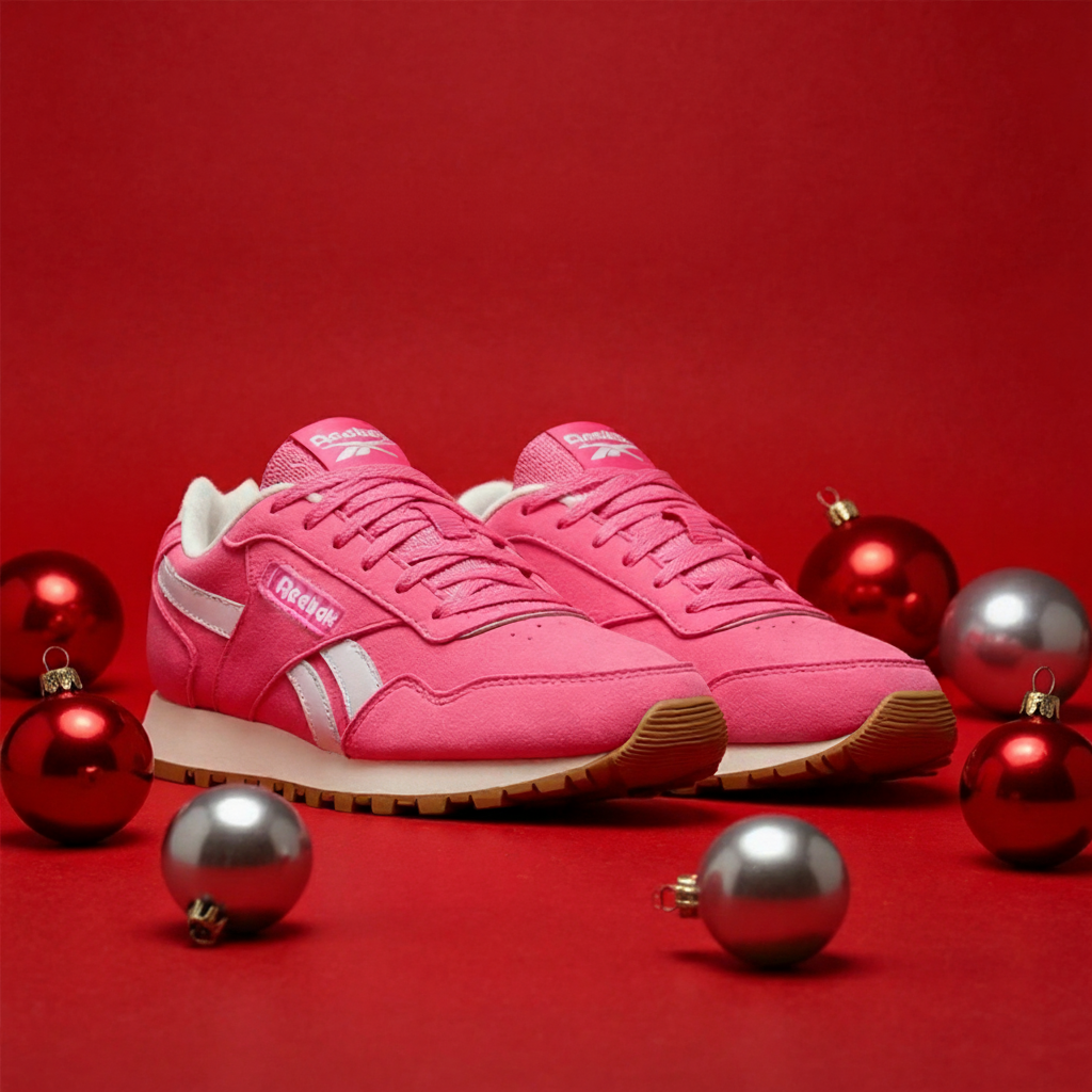 pink shoes on red background with red and silver ornaments 