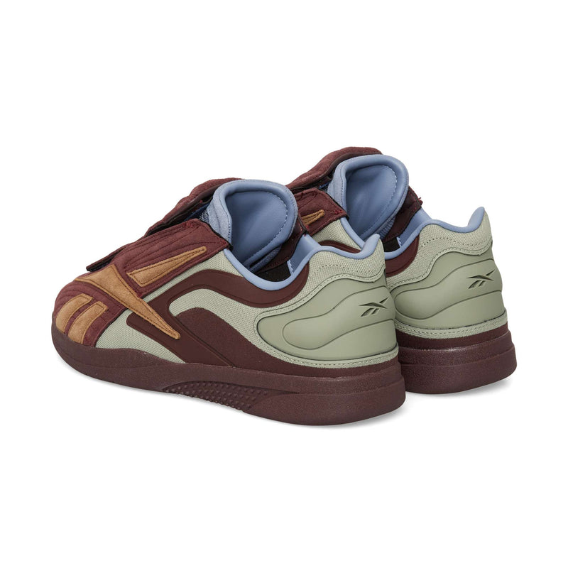 Low-top Hammer Pro LTD sneakers by Reebok in maroon, brown, and light green featuring a hook-and-loop strap across the top.