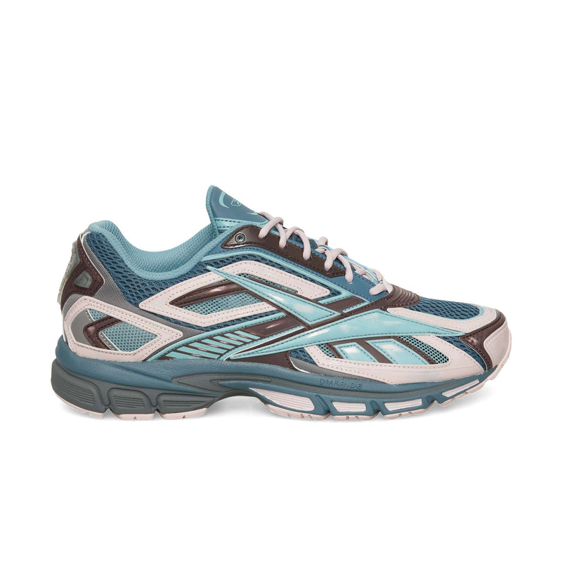 Hazy Teal, Black, and Elemental Pink Reebok Premier Road Ultra running shoe featuring mesh panels and a thick, dual-density midsole.
