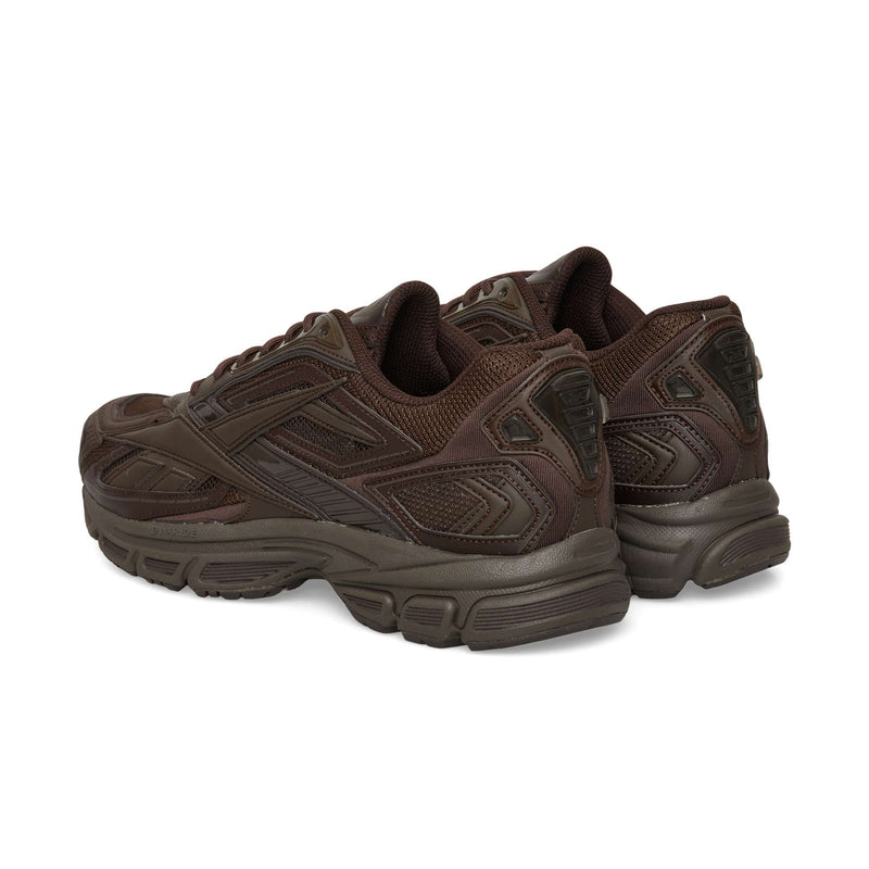Two dark brown Reebok Premier Road Ultra running sneakers viewed from the rear three-quarter angle.