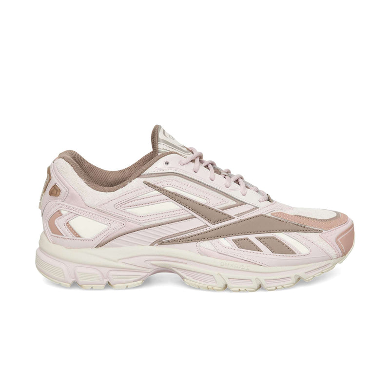 Elemental Pink, Gritty Grey, and Rose Wood Reebok Premier Road Ultra athletic sneaker with mesh and synthetic overlays and a dual-density midsole.