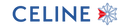 Blue Celine wordmark beside a red-and-blue geometric star emblem.
