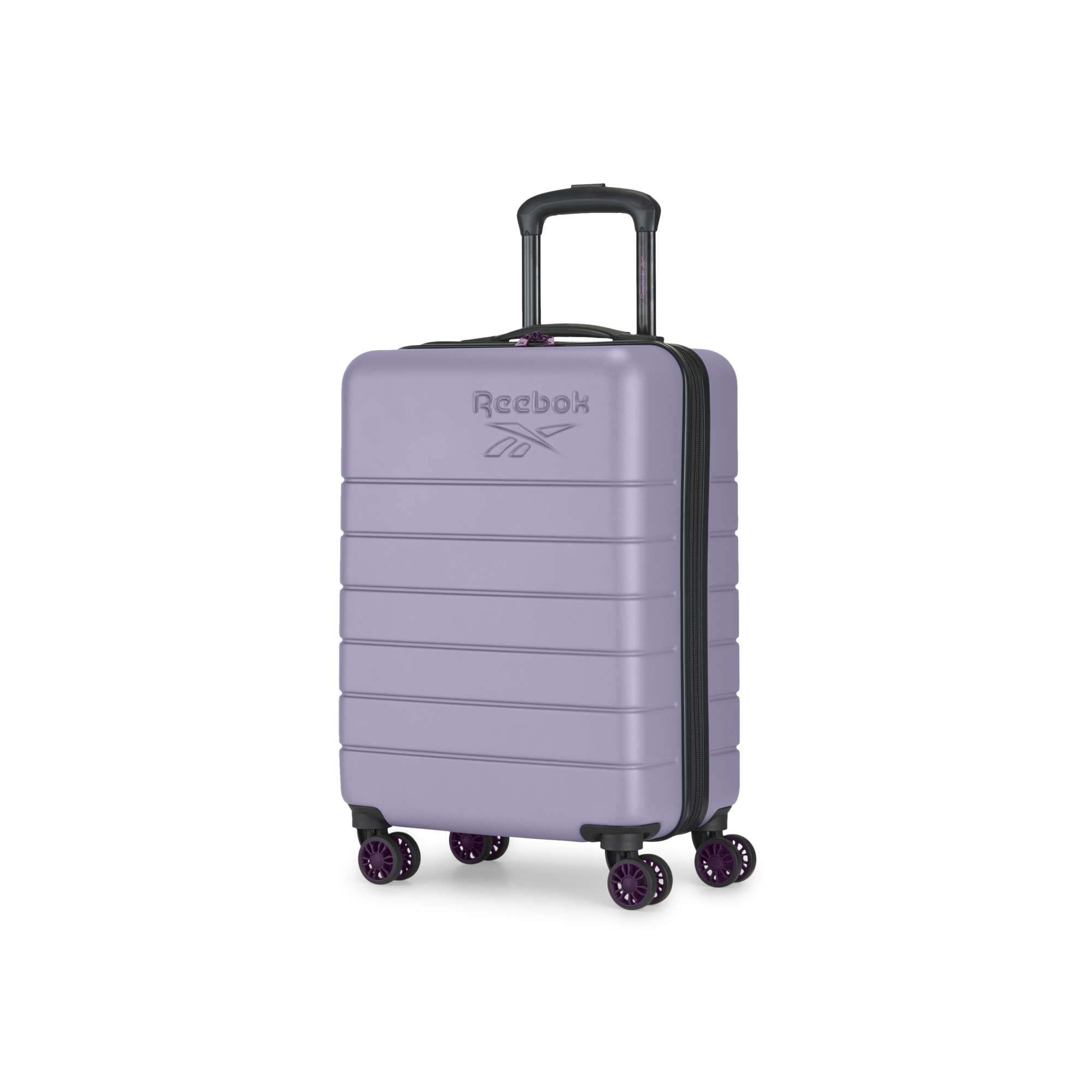 The Reebok Captain 2 Piece Luggage Set features a lavender hard-shell design, four double spinner wheels, black telescopic handle, and embossed logo—ideal for stylish travelers seeking durability and functionality.