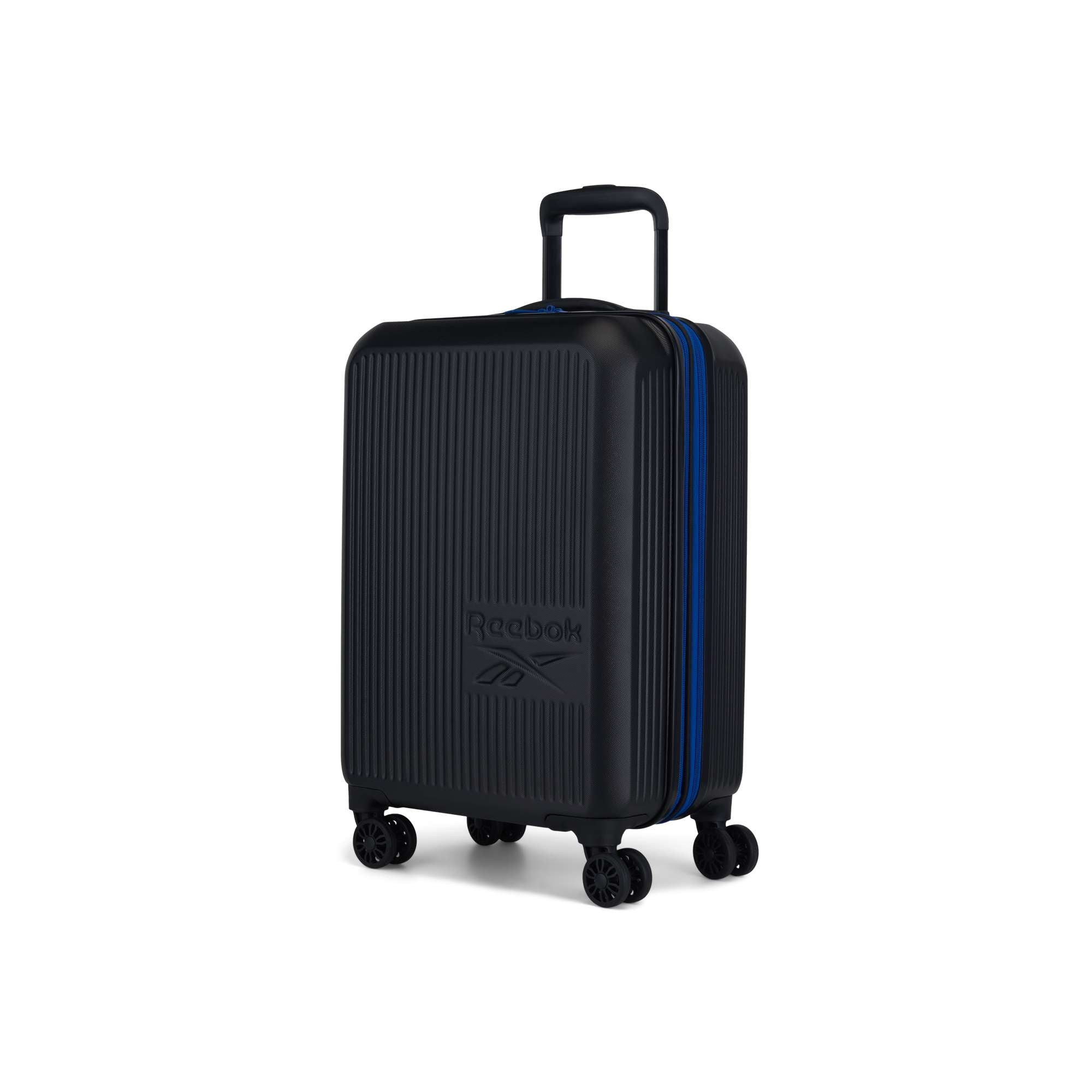 The Reebok Action Duo 2 Piece Luggage Set features black hard-shell suitcases with blue trim, four spinner wheels, vertical ribbed design, and a telescopic handle, shown against a white background.