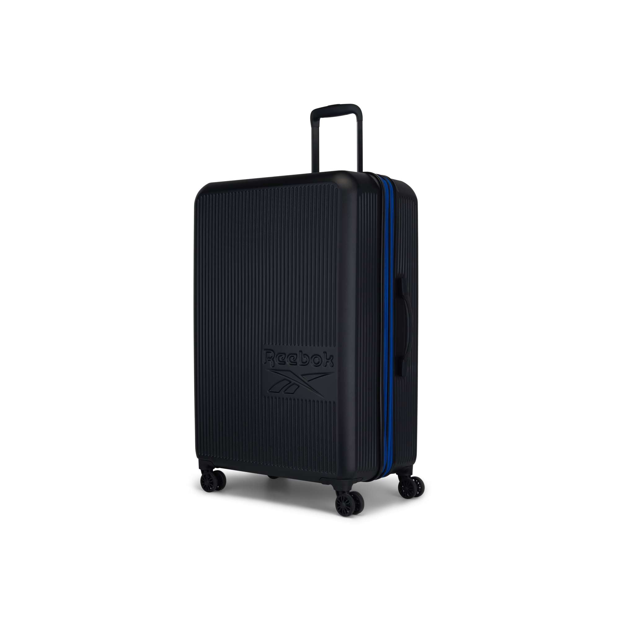 The Reebok Action Duo 2 Piece Luggage Set in black offers a lightweight design, sturdy handles, and smooth spinner wheels for effortless travel.