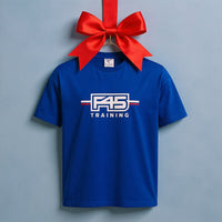 A royal blue short-sleeve t-shirt with a white and red 'F45 TRAINING' logo on the chest, hanging on a hanger with a large red satin bow against a light gray background.