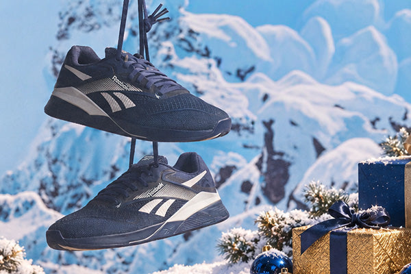 blue shoes against a mountain background