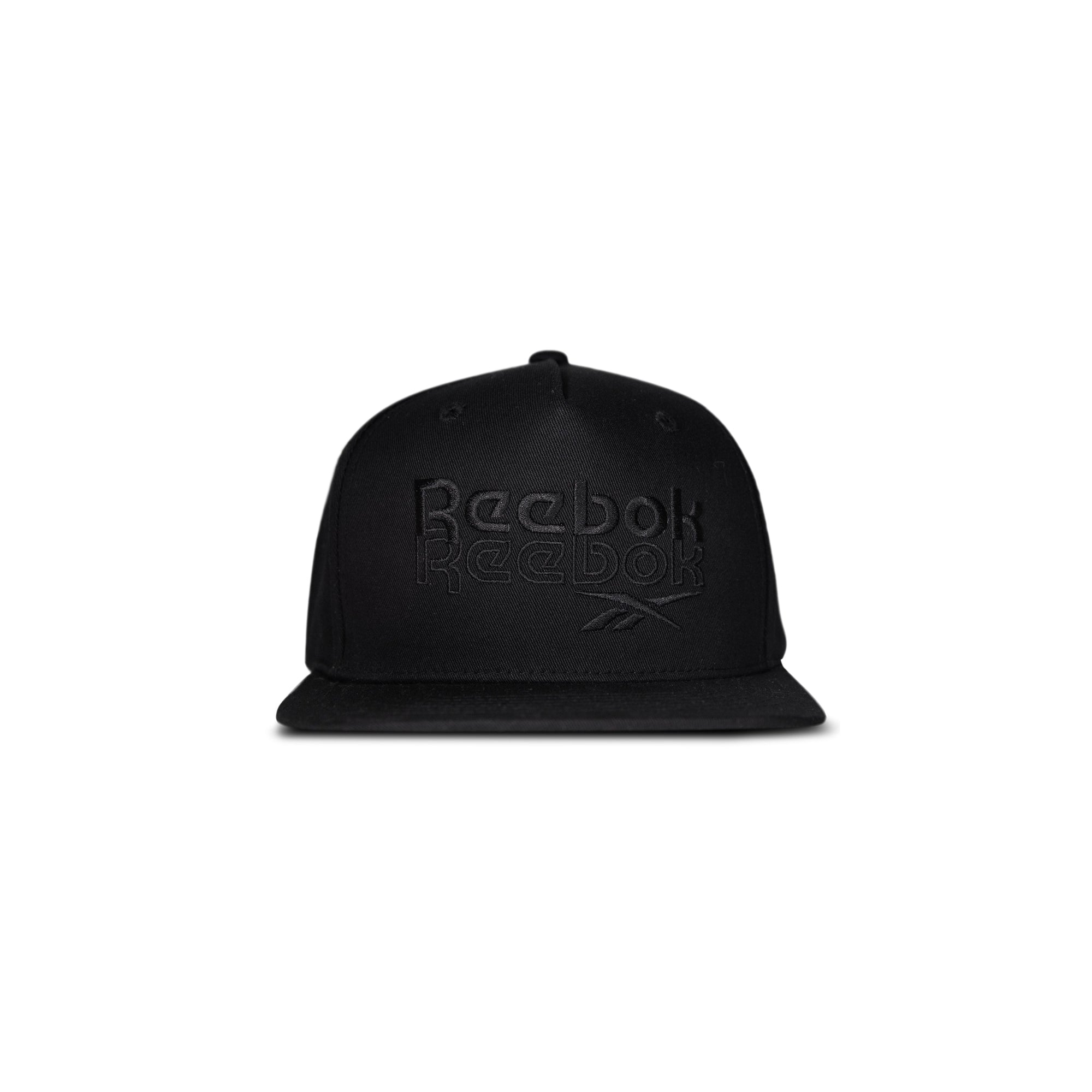 The Reebok Double Vision Cap is a black snapback street style hat with a flat brim and black embroidered Reebok logo and text on the front, displayed against a plain white background.