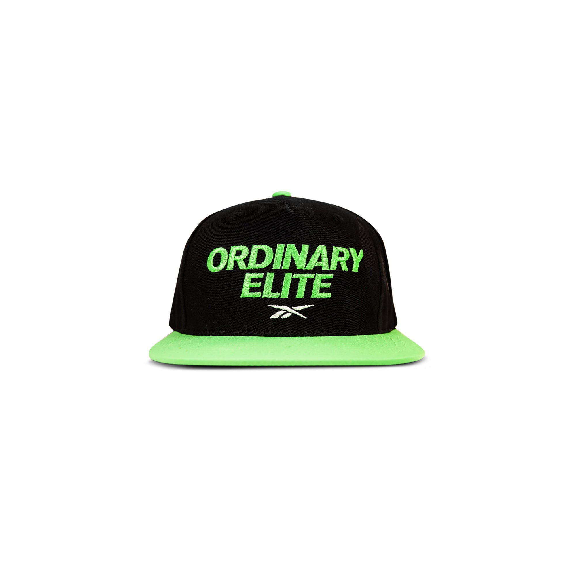 The Reebok Ordinary Elite Cap features a black design with a bright green flat brim, bold green "ORDINARY ELITE" embroidery on the front, a small white logo beneath, and an adjustable snapback closure for comfort.