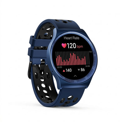 A blue smartwatch with a black, perforated strap displays a heart rate of 120 bpm on its screen, along with a heart icon and a red bar graph. The background is white.