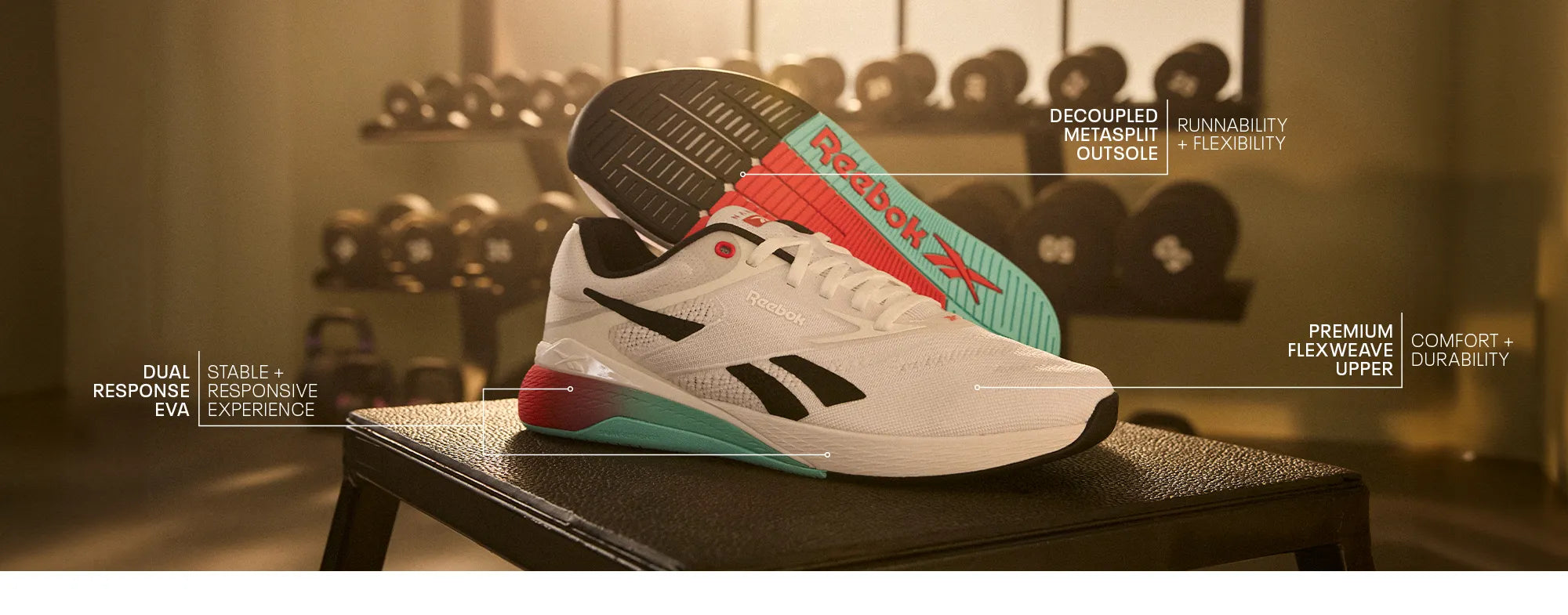 white reebok shoe in gym setting