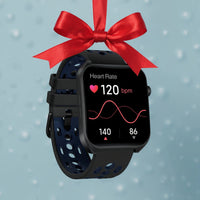 A black smartwatch with a dark blue perforated strap, decorated with a large red satin bow, shown against a light blue background with subtle white speckles.
