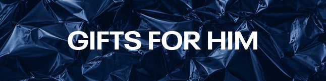 A dark blue crumpled foil background with large white text reading “GIFTS FOR HIM” across the center.
