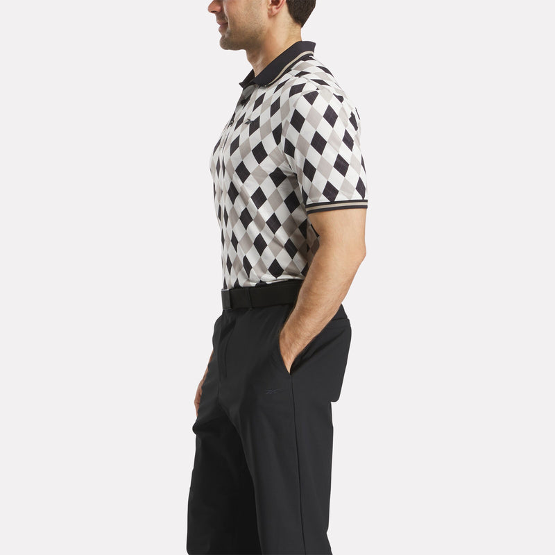 Men's Short Sleeve Vector Argyle Print Polo Shirt with Tipped Rib Trim