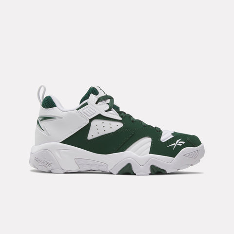 White and dark green Reebok Brutus Low Shoes featuring a thick, textured white sole and a logo on the toe and heel for street-ready style.
