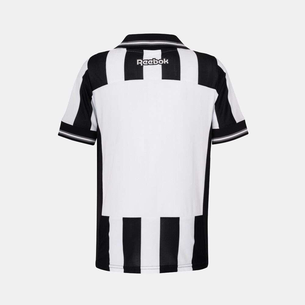 Back view of the Reebok Kids' Botafogo Youth Home Jersey in black and white stripes, short sleeves, a collar, and Reebok logo on the upper back.