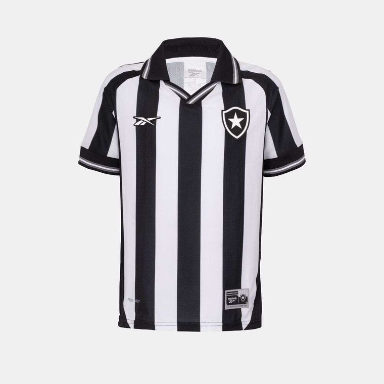 The Kids' Botafogo Youth Home Jersey by Reebok features black and white vertical stripes, a collar, a star crest on the left chest, and the Reebok logo on the right—perfect for young Botafogo fans.