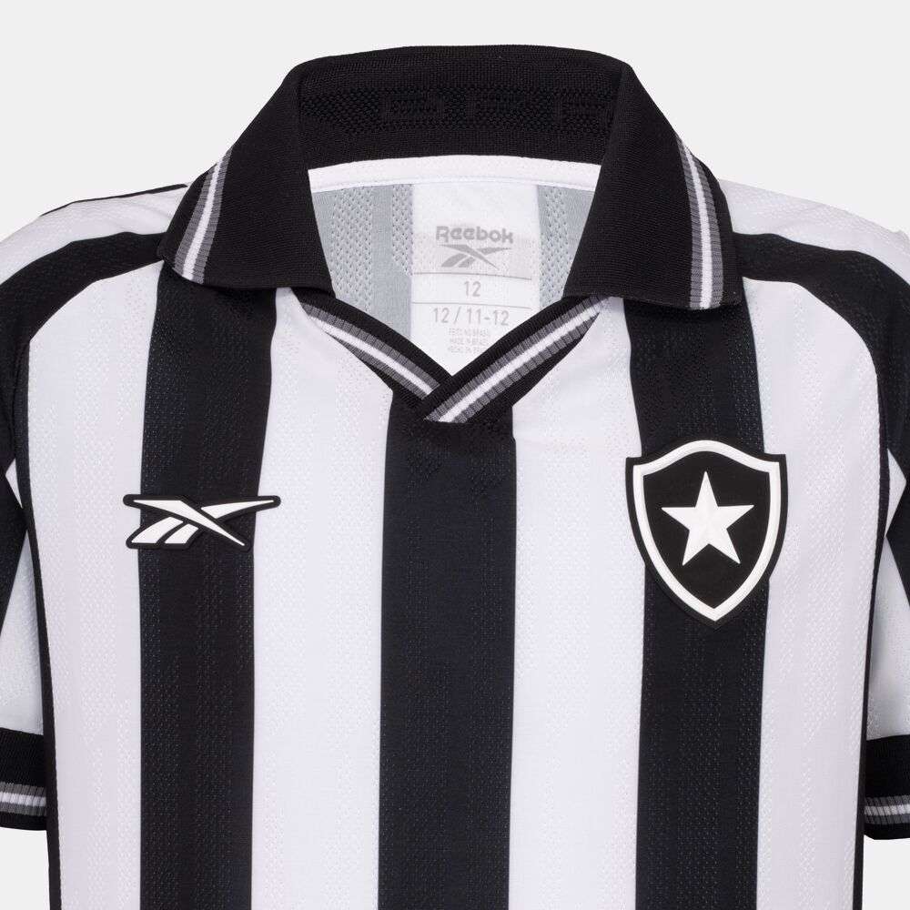 The Kids' Botafogo Youth Home Jersey by Reebok features classic black and white vertical stripes, a black collar, the Reebok logo on the right chest, and a shield with a white star on the left—a timeless 25/26 football shirt.