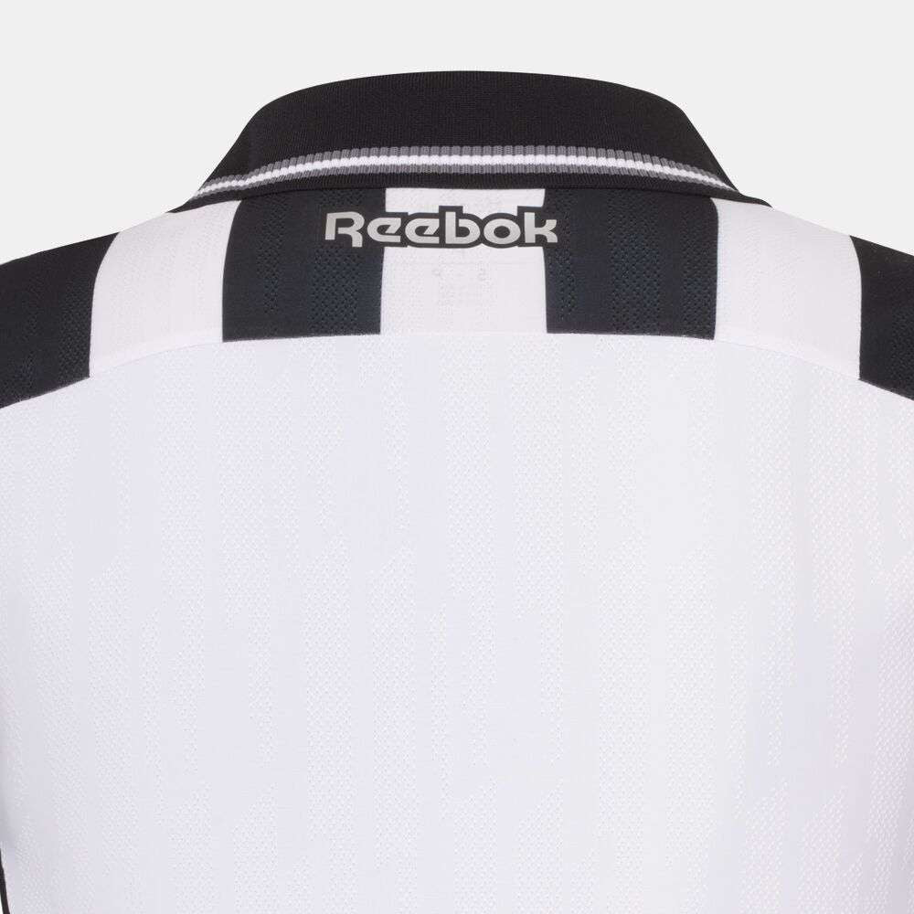 The image shows the upper back of the Botafogo Men's Home Jersey by Reebok, featuring black and white stripes, a black collar, and a white Reebok logo near the top center.