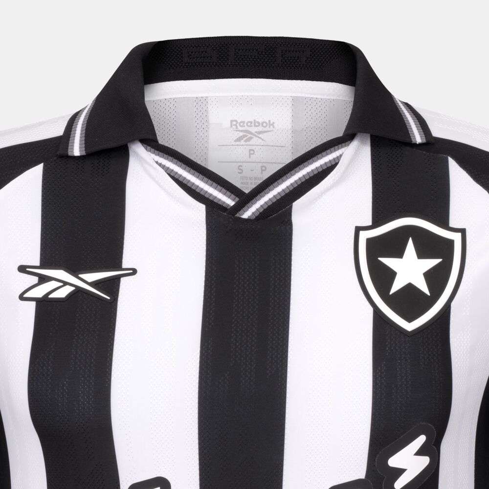 A close-up of the Botafogo Men's Home Jersey by Reebok, featuring black and white stripes, a star emblem on the right chest, and a V-neck with button detail—a classic look for the 25/26 season.