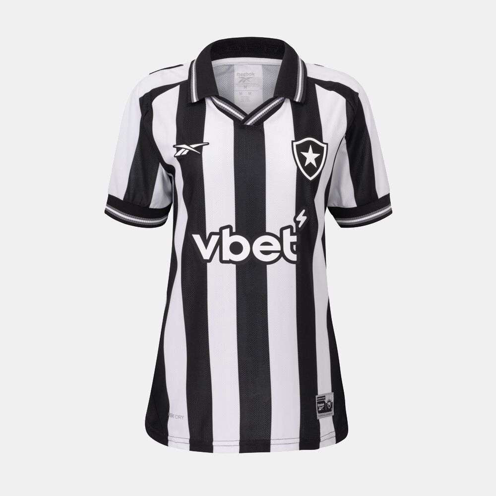 The Reebok Botafogo Women's Home Jersey is a black and white vertically striped football shirt with a collar, club crest, vbet sponsor, and Reebok logo on the chest—an iconic 25/26 design.