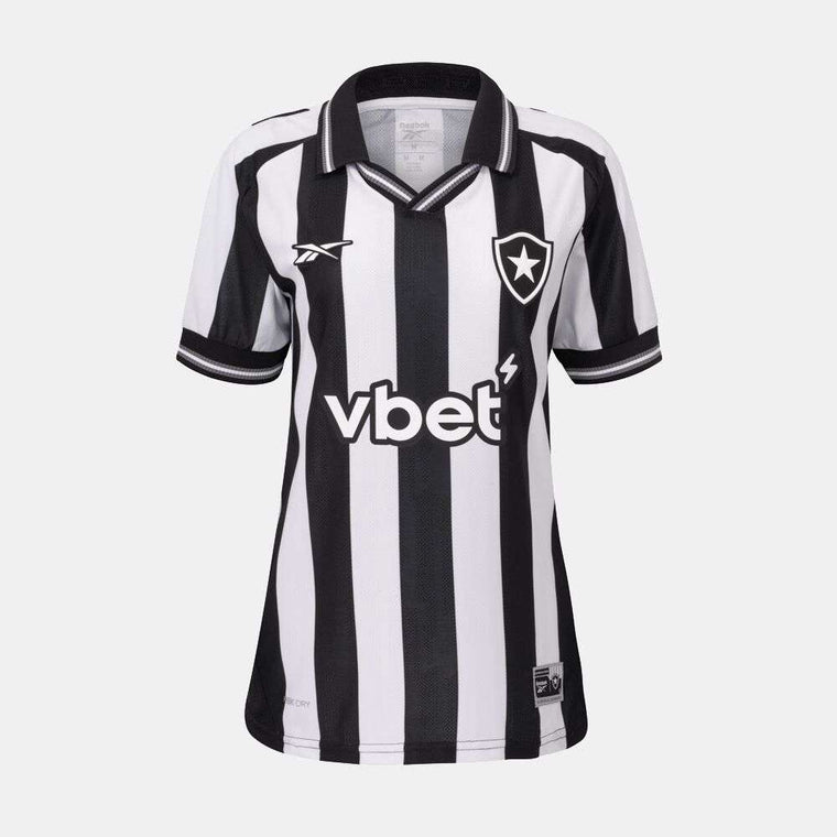 The Reebok Botafogo Women's Home Jersey is a black and white vertically striped football shirt with a collar, club crest, vbet sponsor, and Reebok logo on the chest—an iconic 25/26 design.