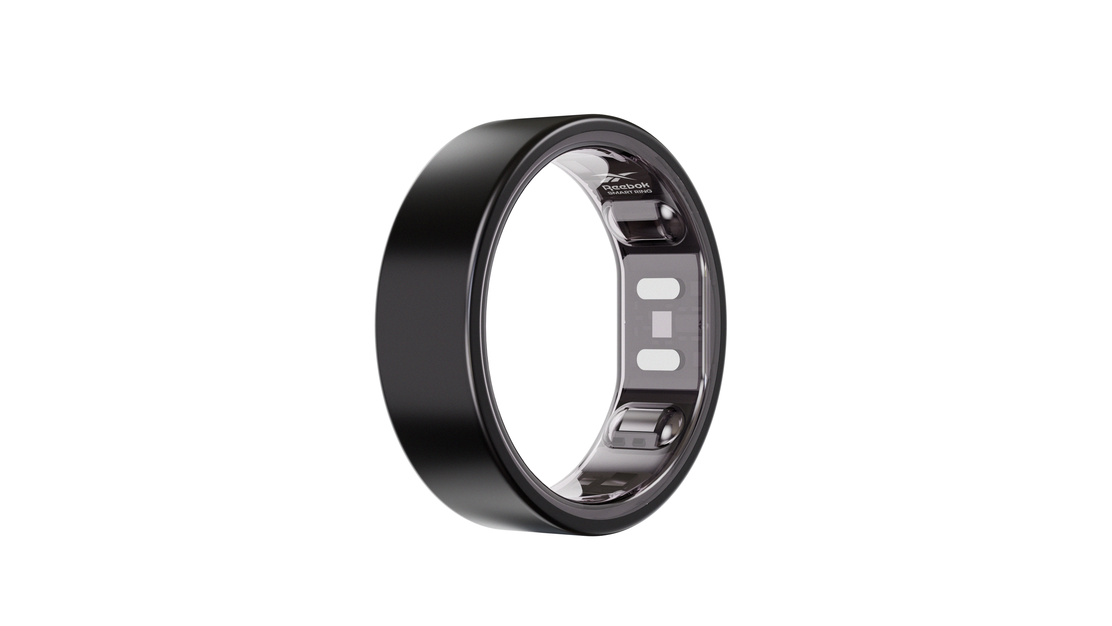The Reebok Smart Ring by Reebok features a sleek black design with a metallic inner surface, embedded sensors, and electronic components for biometric tracking, shown against a plain white background.