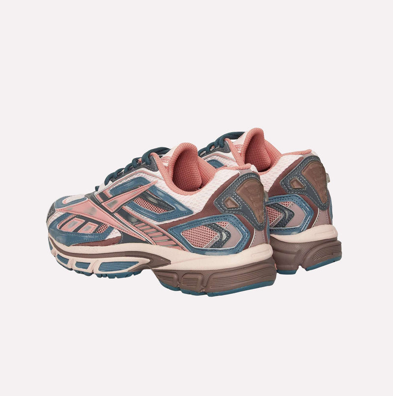 A pair of Reebok Premier Road Ultra LTD Shoes with pink, blue, white, and brown accents, featuring a dual-density midsole for enhanced comfort, viewed from the back and displayed on a plain white background.