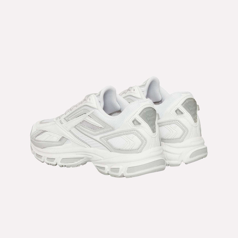 A pair of Reebok Premier Road Ultra LTD Shoes in white with silver and gray accents, showcasing a dual-density midsole, is seen from a slight rear angle against a plain white background.
