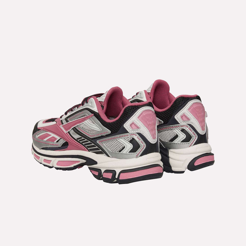 A pair of Reebok Premier Road Ultra Shoes is displayed on a plain light background, showcasing their pink, black, white, and gray accents. The running sneakers are positioned together at an angle to emphasize the sides and backs, while the dual-density midsole delivers comfort and support with every stride.