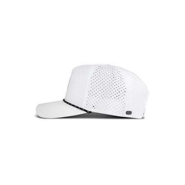The Reebok Madison is a white baseball cap featuring a black and white patterned cord above the brim and small perforations on the side panel, shown in side view against a plain white background.