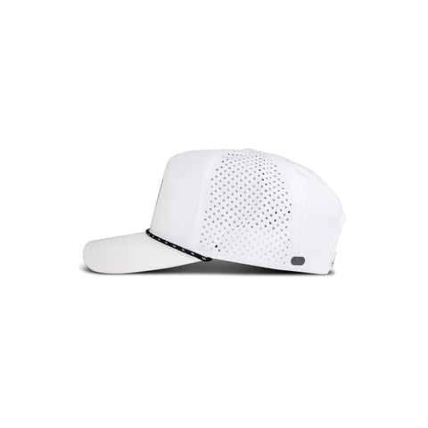 The Reebok Madison is a white baseball cap featuring a black and white patterned cord above the brim and small perforations on the side panel, shown in side view against a plain white background.
