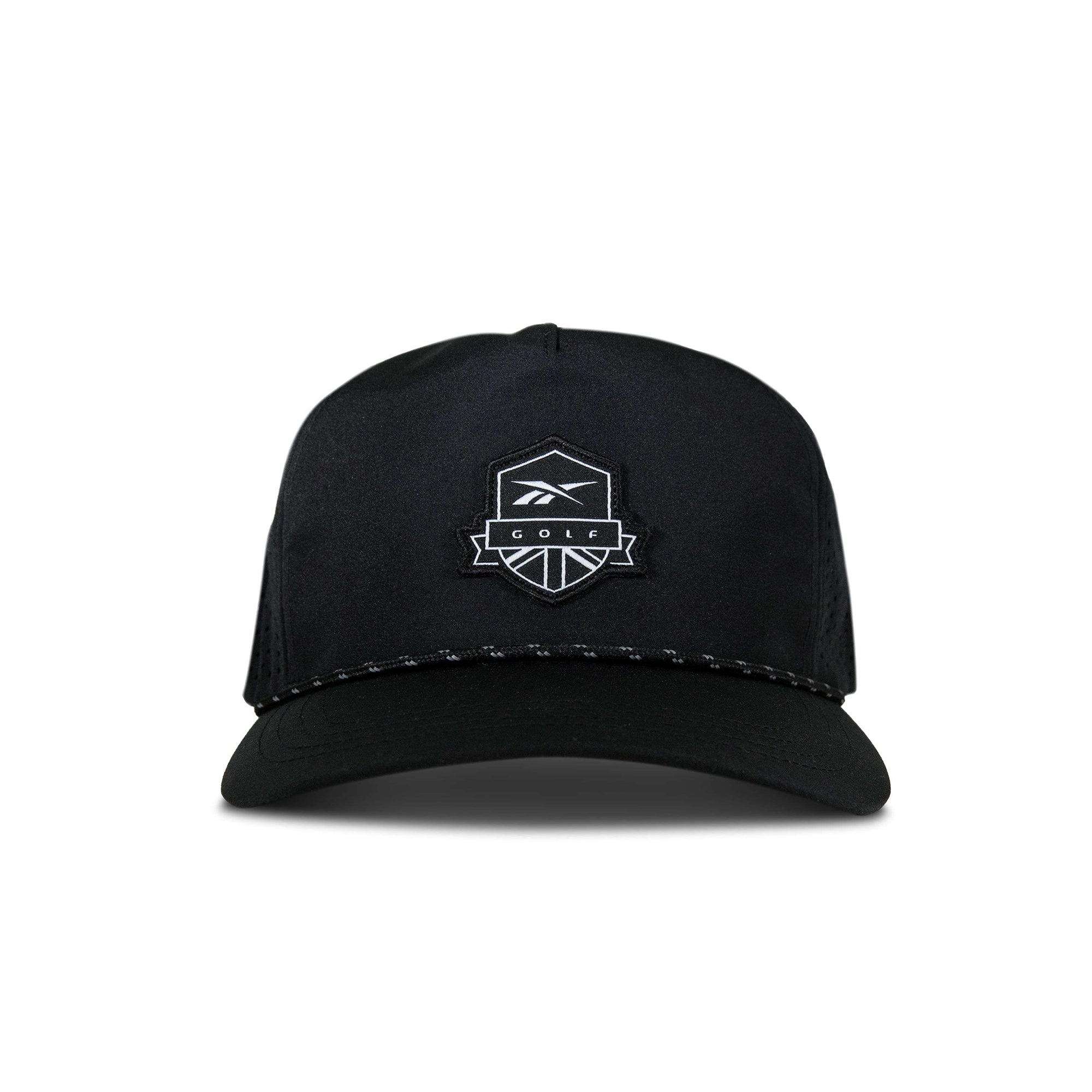 The Reebok Madison II Golf Hat is a black cap made from recycled polyester with a white embroidered polygon logo and GOLF on the front, featuring an adjustable snapback, shown against a plain white background.