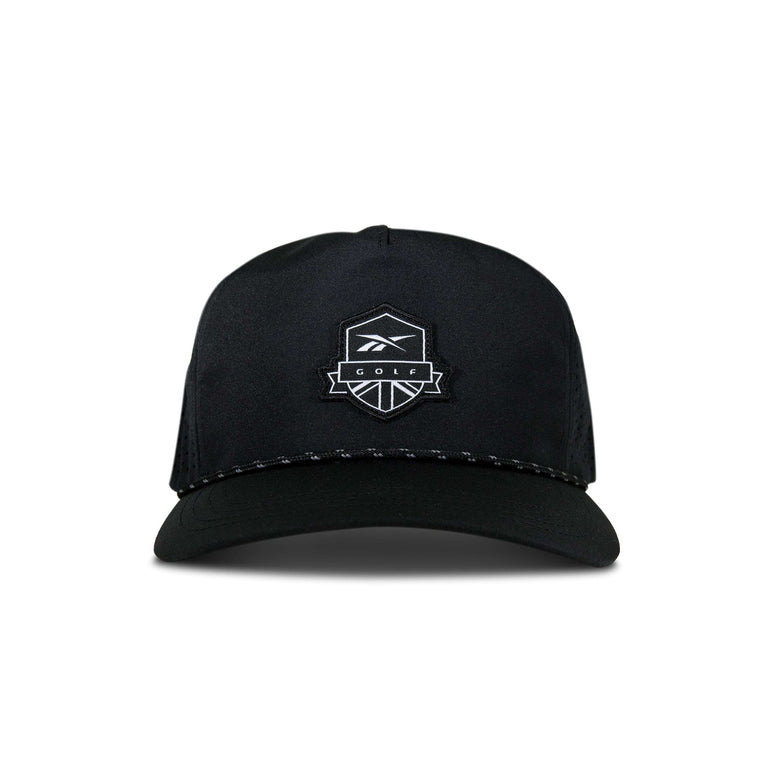 The Reebok Madison II Golf Hat is a black cap made from recycled polyester with a white embroidered polygon logo and GOLF on the front, featuring an adjustable snapback, shown against a plain white background.