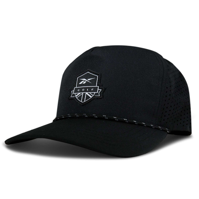 The Reebok Madison Ii is a black baseball cap with a curved brim, featuring a stitched white logo and “GOLF” on the front. Made from recycled polyester, it has perforated holes, an adjustable snapback, and a black-and-white cord above the brim.