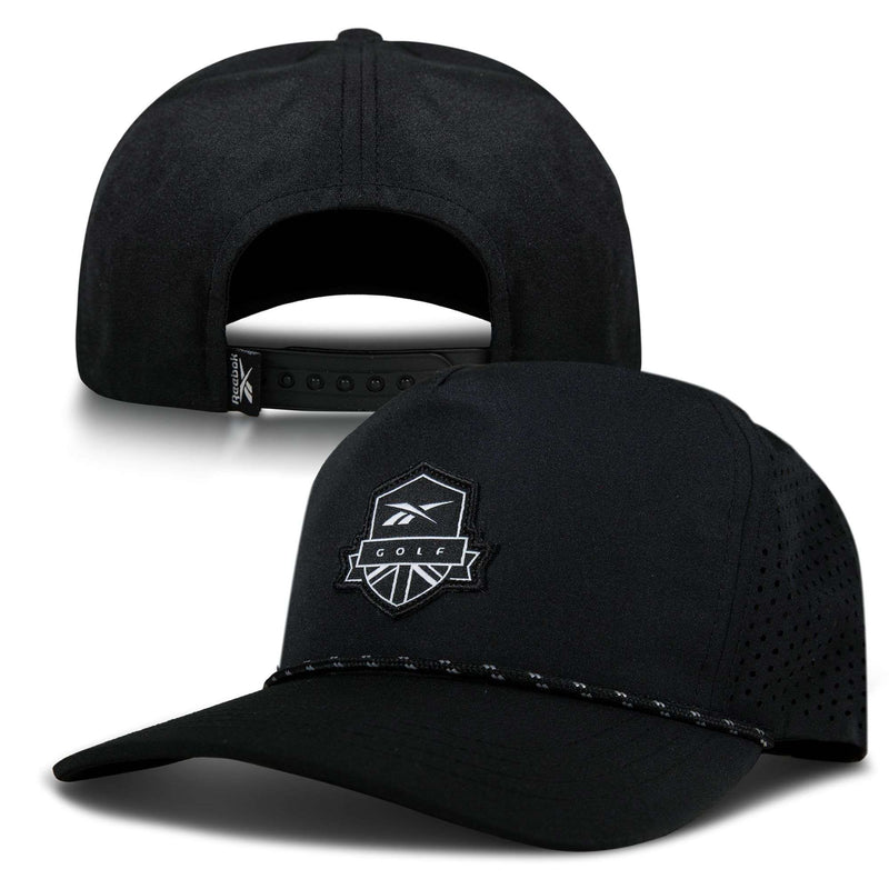 Two black Madison II adjustable snapback caps from Reebok are shown; one displays the front with a white logo, curved brim, and cord, while the other shows the back strap, side vents, and moisture-wicking sweatband.