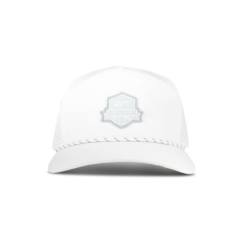 White cap with a logo on a white background