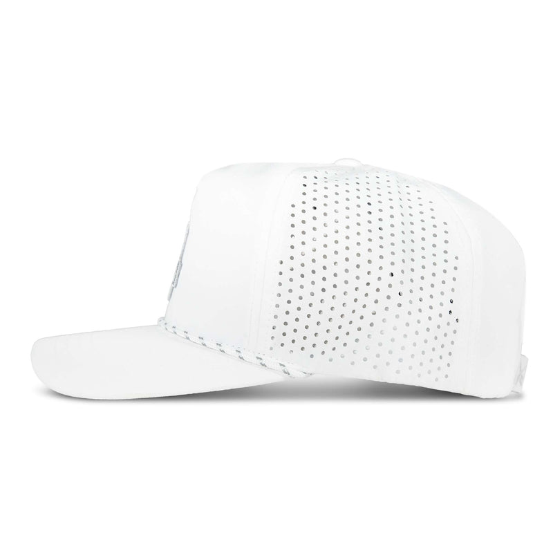 Side view of the Reebok Madison Ii white snapback cap featuring a flat brim, adjustable snapback closure, and perforated side panel for ventilation.