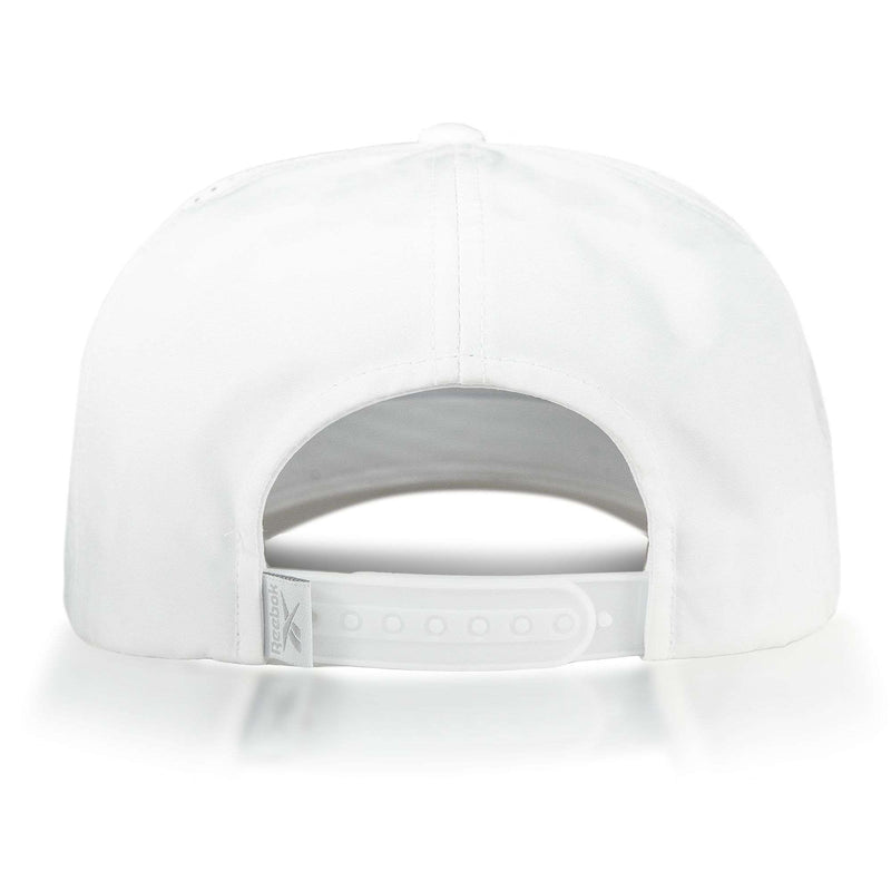 The Reebok Madison Ii is a white baseball cap made from recycled polyester, seen from the back with an adjustable snapback strap and a small fabric tag on the left side.