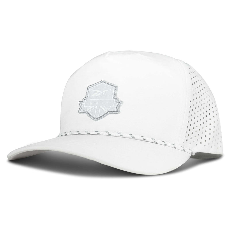 The Reebok Madison II is a white baseball cap featuring a curved brim, perforated back panels for ventilation, a light gray embroidered logo on the front, and an adjustable snapback for comfort.