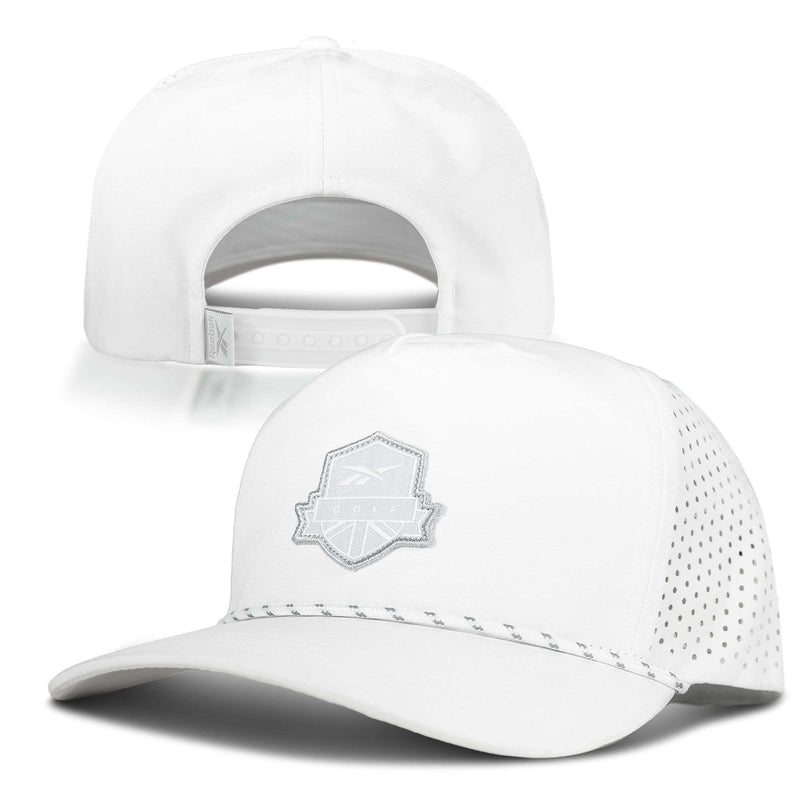 Two views of the Reebok Madison II white baseball cap: front with stitched logo and mesh side panels; back features adjustable snapback closure and moisture-wicking sweatband for comfort.