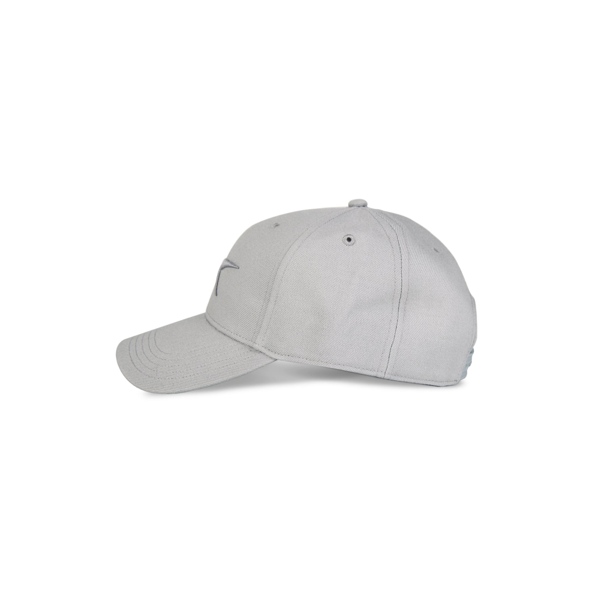 The Reebok Vector Baseball Cap in light gray is shown from the side, highlighting its curved brim, six-panel construction with visible stitching, and an adjustable snapback closure for a custom fit.